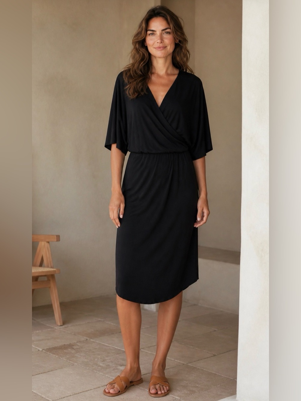 Star Vixen Women's 2X Black Mock Wrap Midi Dress Tie Sash Stretch V Neck 3/4 Slv